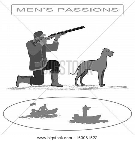 A man stands on one knee and fired from a rifle. Nearby is a dog . Isolate on white background.