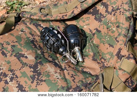 Man holding a hand grenade in his hand.