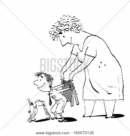 Grandma or the nanny accompanies her grandson to school. Adults and children. Morning boy. Black and white sketch drawing