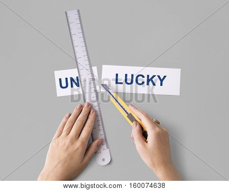 Unlucky Unfortunately Hands Cut Word Split Concept