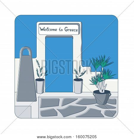 White gate in the wall with "Welcome to Greece" invitation and olive trees in the pots vector illustration