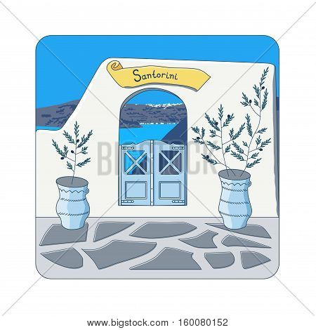 Blue gate in the wall and olive trees in the pots at Santorini island in Greece vector illustration