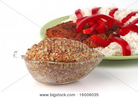carne assada com arroz e mostarda de dijon