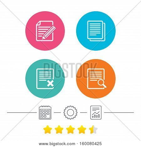 File document icons. Search or find symbol. Edit content with pencil sign. Remove or delete file. Calendar, cogwheel and report linear icons. Star vote ranking. Vector