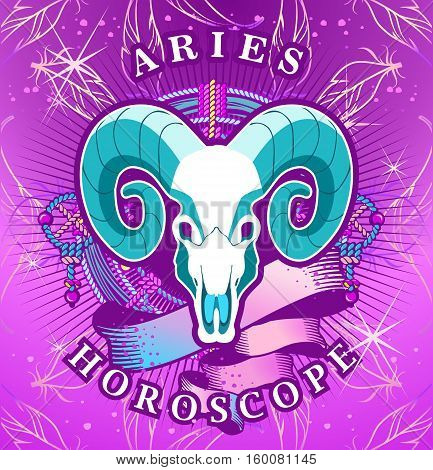 Vector illustration of magic horoscope sign Aries style of the 60s bright hippie art