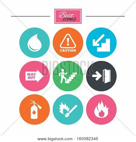 Fire safety, emergency icons. Fire extinguisher, exit and attention signs. Caution, water drop and way out symbols. Colorful flat buttons with icons. Vector