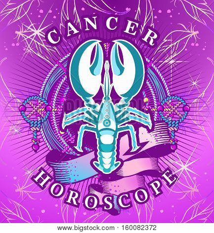Vector illustration of magic horoscope sign Cancer style of the 60s bright hippie art