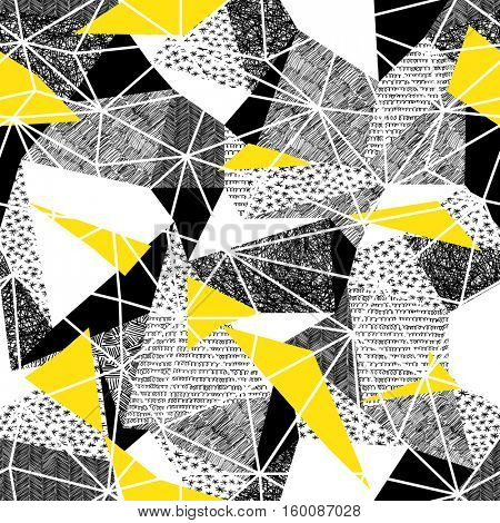 Geometric seamless pattern in retro style. Vintage background.Triangles and hand drawn patterns. Low poly seamless repeat pattern. Triangular facets. Black and Yellow Wireframe Background