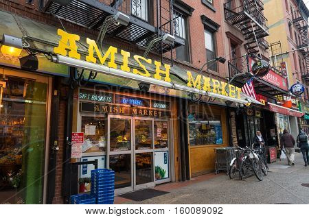 NEW YORK CITY USA - APRIL 26 2016: Exterior of an Amish market in Manhattan. The Amish are committed to a simple life where one is almost completely self-sufficient with regard to food and everyday necessities