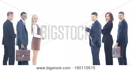Portrait of happy smiling young business people showing blank ar