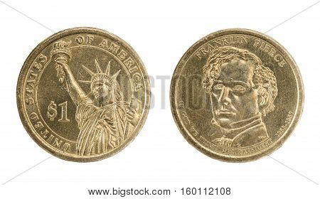 Front and back of USA one dollar coin. Isolated on white