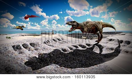 Flying pterodactyl over the land 3d illustration