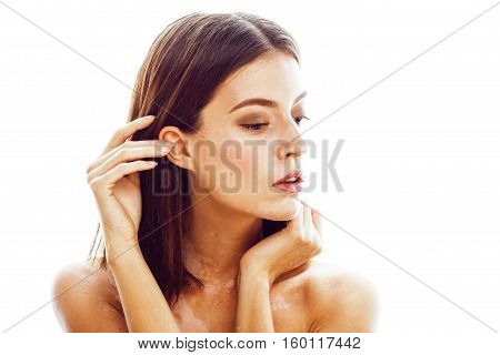 beautiful young brunette woman with vitiligo disease close up isolated on white positive smiling, model problems concept, bad tan real problem