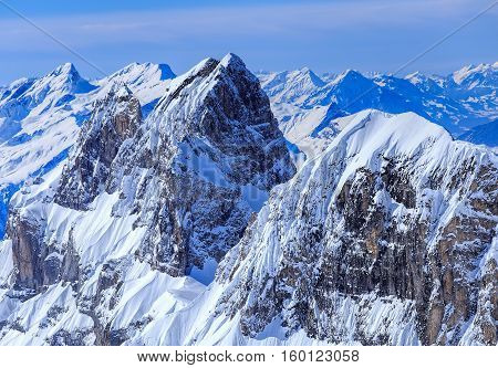 Mt. Reissend Nollen, view from Mt. Titlis. The Reissend Nollen is a mountain of the Uri Alps, located on the border between the Swiss Cantons of Obwalden and Bern.