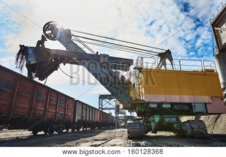 heavy excavator loading gravel into train for rail freightage
