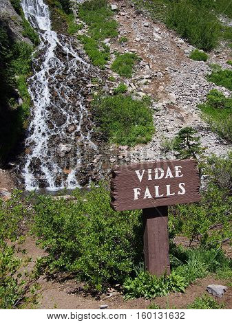 Vidae Falls in Crater Lake National Park cascades down the side of a hill on a sunny summer day.