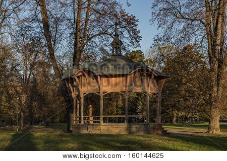 Gazebo In Park On Island In Litomerice Town In Autumn Time