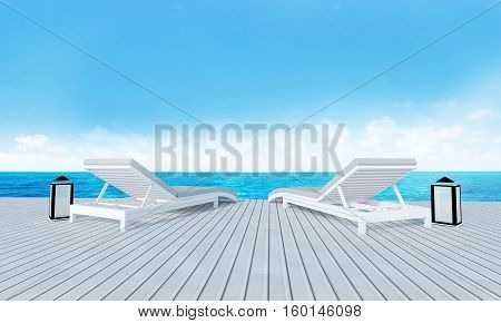 Beach Lounge With Sundeck On Sea View And Blue Sky Background-3D Rendering