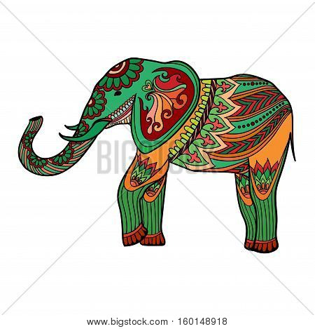Indian Elephant In Traditional Asian Style. Ornate Elephant In Color Stylized Design For Print, Cerd