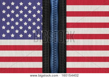 America or American flag on fabric with zipper for connect or separate The political conflict of USA or America has divided into two factions event
