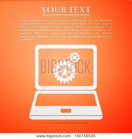 Laptop and gears flat icon on orange background. Vector Illustration