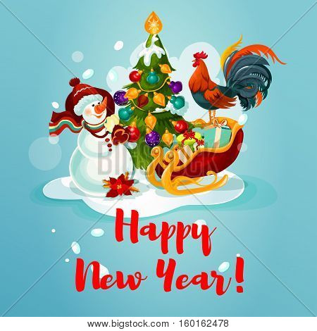 New Ywar greeting card with pine tree and bauble, lights and snow, gift box in santas sleigh, snowman with bag of gifts and rooster. Festive poster for winter holiday decoration