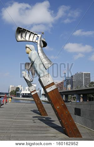 MELBOURNE, AUSTRALIA - JANUARY 25, 2016: Constellation sculptures by Bruce Armstrong and Geoffrey Bartlet in Melbourne. The five carved-wood figureheads comprise a dragon, woman, bird, man and lion.