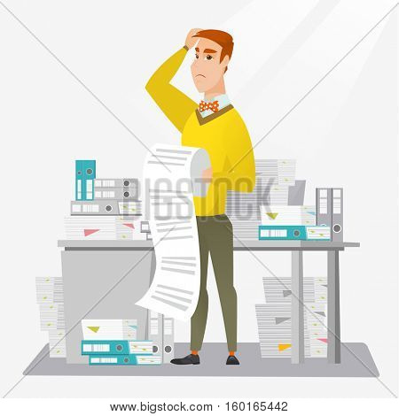 Caucasian worried businessman standing in office with long bill in hands. Disappointed businessman holding long bill. Businessman looking at long bill. Vector flat design illustration. Square layout.