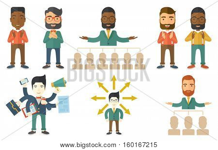 Audience applauding at business conference. Businessman applauding at business seminar. Cheerful businessman applauding during presentation. Set of vector illustrations isolated on white background.