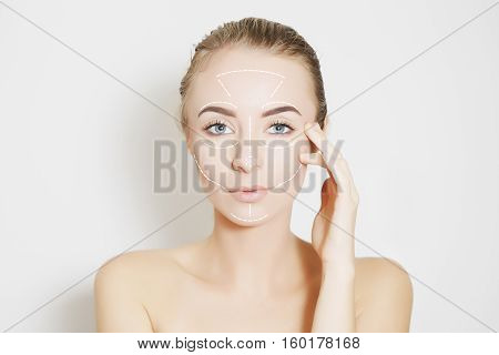 Closeup of female adult with marks on skin for cosmetic medical procedures
