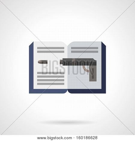 Literature genres concept. Symbol of open book and image of gun with bullet. Detective fiction and novels. Flat color style vector icon.