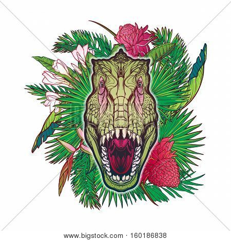 Detailed sketch style drawing of the roaring tirannosaurus rex head on a decoratve bunch of tropical leaves and flowers. Painted sketch. EPS10 vector illustration.