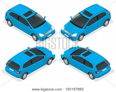 3-door Hatchback car isolated. Vector isometric icons set. Car vector template on white background. The ability to easily change the color. Urban transport