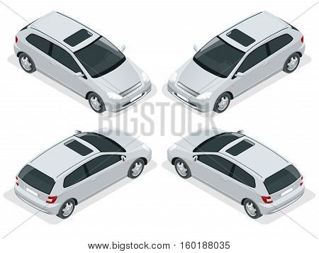 3-door Hatchback car isolated. Vector isometric icons set. Car vector template on white background. The ability to easily change the color. Urban transport