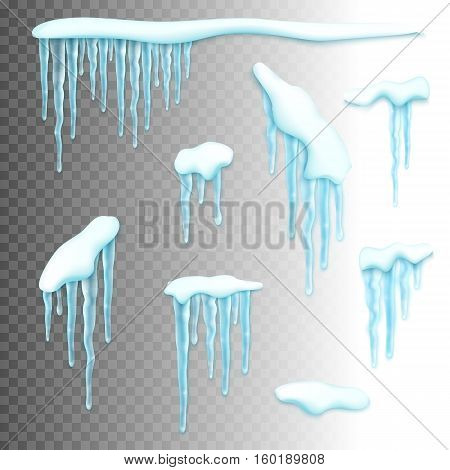 Set of realistic borders with snow and icicles. Elements for christmas design over transparent background, vector illustration