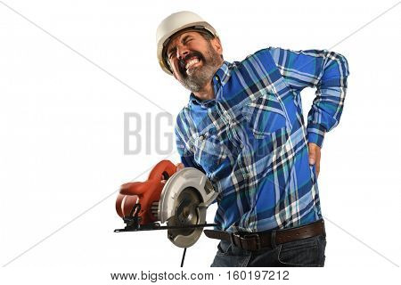 Hispanic worker suffering  back injury isolated over white background
