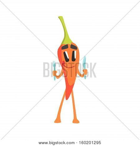 Red Hot Chili Pepper Humanized Emotional Flat Cartoon Character Smiling Holding Fork And Knife. Funny Spicy Vegetable Flat Vector Emoji In Childish Manner.