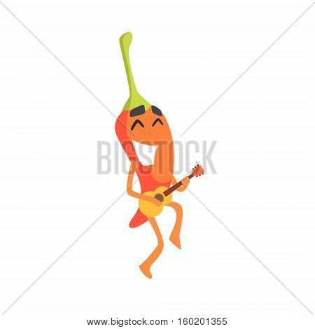 Smiling Red Hot Chili Pepper Humanized Emotional Flat Cartoon Character Playing Smal Ukulele Guitar. Funny Spicy Vegetable Flat Vector Emoji In Childish Manner.