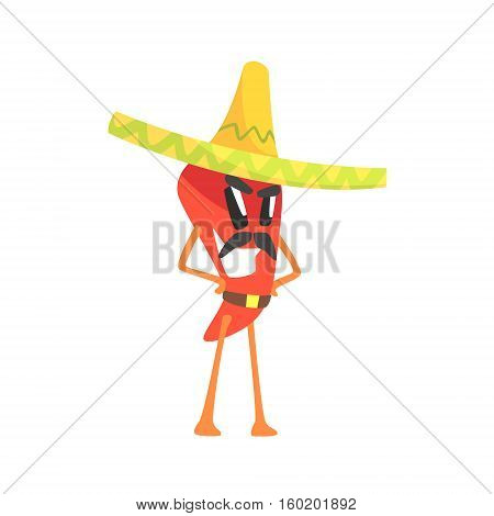 Mexican Bandit Red Hot Chili Pepper Humanized Emotional Flat Cartoon Character With Moustache Wearing Sombrero And A Belt. Funny Spicy Vegetable Flat Vector Emoji In Childish Manner.
