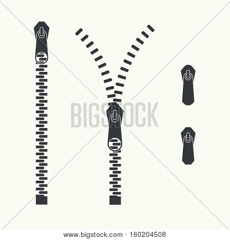 Vector icon closed and open zipper, fastener. Set of zip. buckle