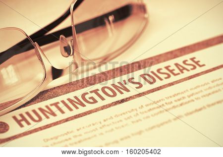 Huntingtons Disease - Medicine Concept on Red Background with Blurred Text and Composition of Pair of Spectacles. 3D Rendering.