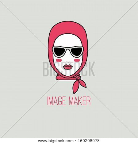Logo for image maker. Vector icon for beauty. Beautiful Head face of woman in scarf with sunglasses. Symbol of beauty glamour makeup style luxury. Illustration for stylist sunglasses store.