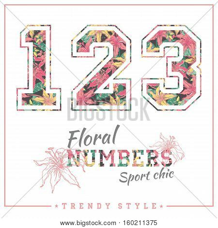 Vector floral numbers for t-shirts, posters, card and other uses. Sport chic. Trendy style.