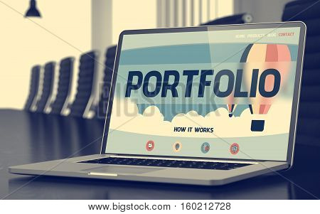 Modern Meeting Hall with Laptop Showing Landing Page with Text Portfolio. Closeup View. Blurred Image with Selective focus. 3D Illustration.