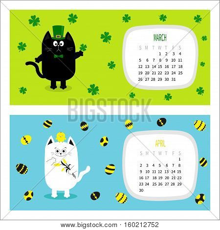 Cat horizontal calendar 2017. Cute funny cartoon character set. March April spring month. Green hat tye bow chicken egg. Hanging clover leaf tulip flower. Happy Patricks day Easter Flat design Vector