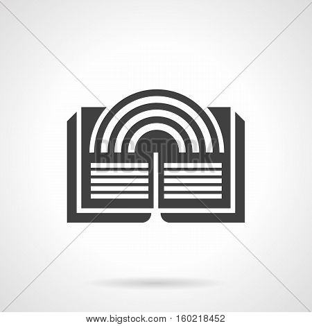 Abstract silhouette of open magic book with rainbow. Literary imagination concept, literature genres. Web element for e-library, bookstore. Symbolic black glyph design vector icon.