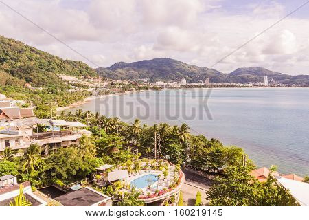 Phuket Thailand - Dec 4 2016: Patong beach view from hill of Kalim bay right hand side of it
