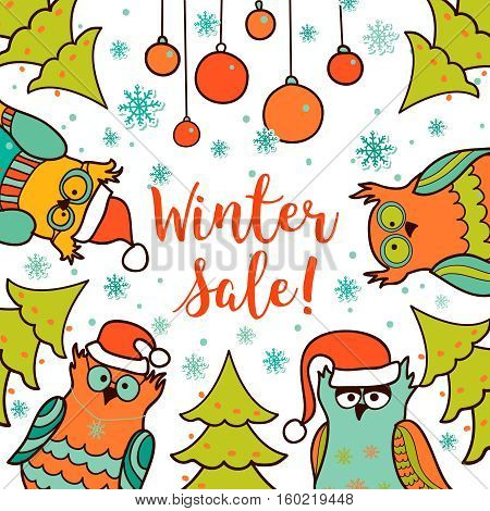 Merry Christmas and Happy New Year whinter sale. Greeting card with cute owls in Santa hats. Vector illustration.