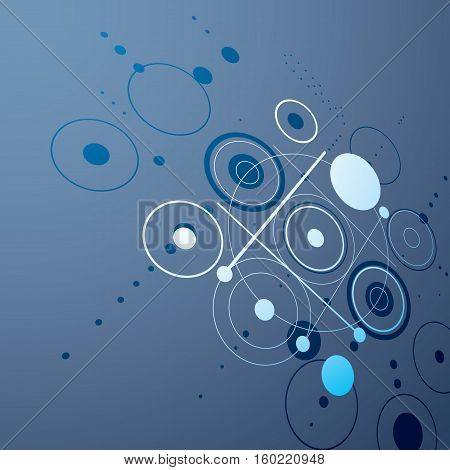 Bauhaus art dimensional composition perspective blue modular vector backdrop with circles and grid. Retro style pattern graphic backdrop for use as booklet cover template.