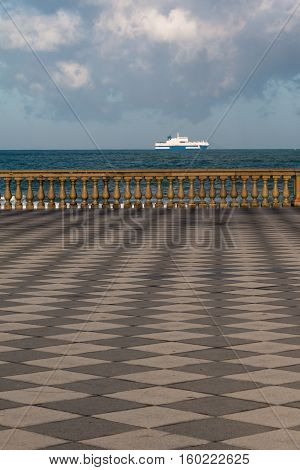 Livorno' s Mascagni Terrace and White Ferry-boat in Background Tuscany - Italy